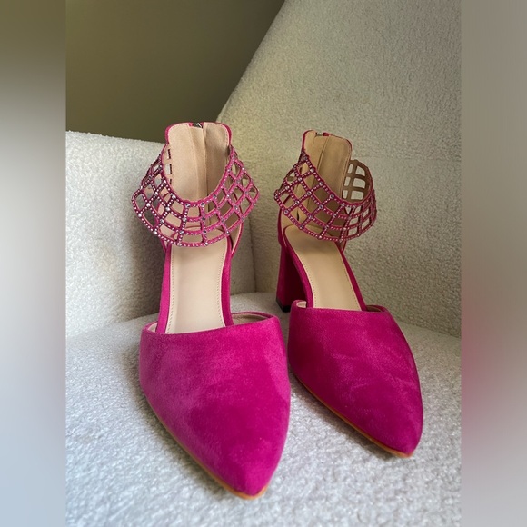 Pink pointed-toe block heel pumps with a rhinestone ankle strap NWOT size 9 - Picture 4 of 13